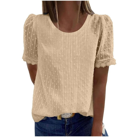 Shirts for Women Fashion Woman Rounk Neck Short Sleeve Blouse T-Shirt Lace Solid Loose Tops