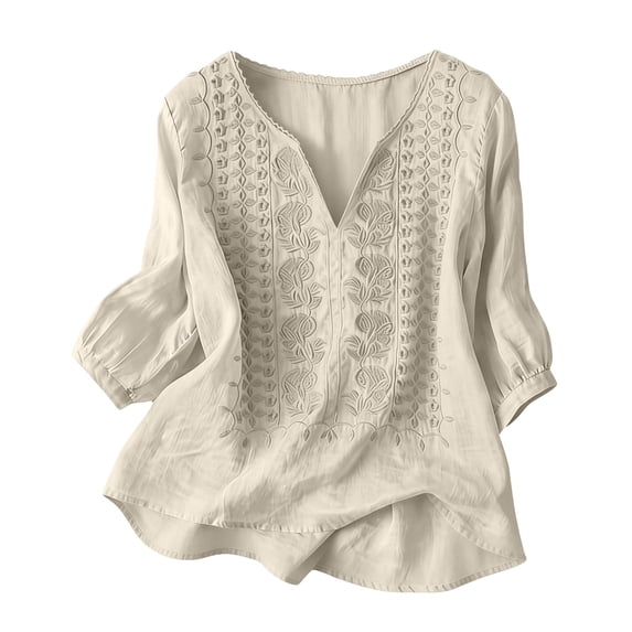 Shirts for Women Fashionable Casual Solid Color Pleated Cotton and Linen Top with Seven Quarter Sleeves