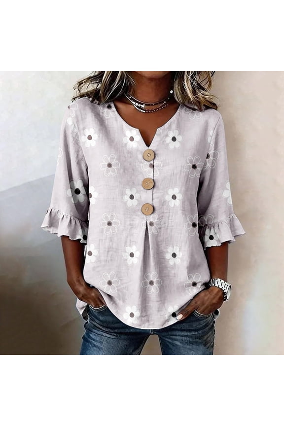 Shirts for Women Floral Pattern Elbow-Length Sleeve Notch V Neck Soft Top Womens Tees Light Purple L