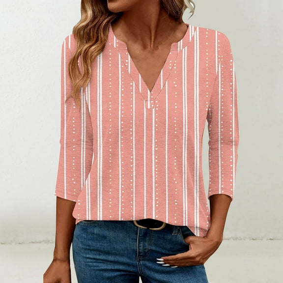 Shirts for Women Floral Print V-Neck 3/4 Sleeve Casual T-shirt Blouse Orange,Womens Tops