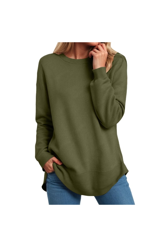 Shirts for Women Graphic Tees Winter Loose Crew Neck Long Sleeve Dolman Drop Shoulder Curve Hem Plain Leisure Waffle Knit Top Pullover(AG,M)