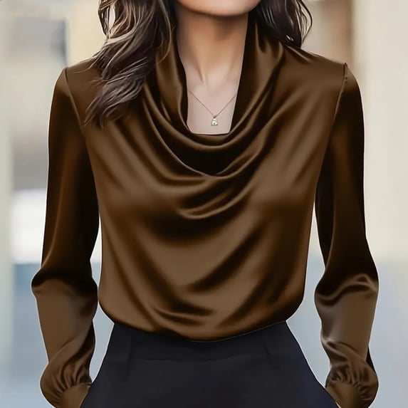 Shirts for Women Gsakboxl Minimalist Solid Color Cowl Neck Satin Blouse Elegant Long Sleeve V Neck Fashion Top Womens Summer Tops
