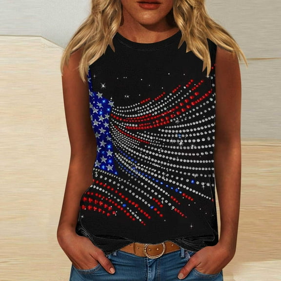Shirts for Women Independence Day Sleeveless Round Neck Casual T-shirt Multicolor L