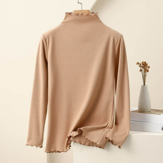 Shirts for Women Long Sleeve Round Neck Solid Color Undershirt Khaki 2XL