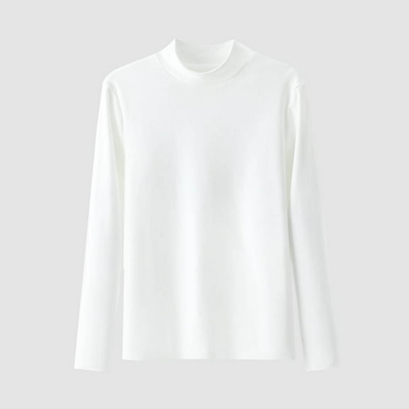 Shirts for Women Long Sleeve Round Neck Solid Color Undershirt White 2XL