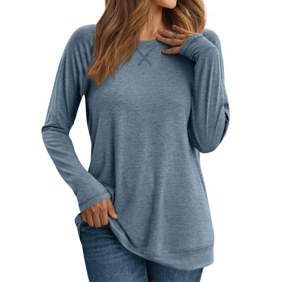 Shirts for Women Long Sleeve Round Neck T Shirt Base Loose Workout Plus Size Solid Color Tops Sweatshirt for Women