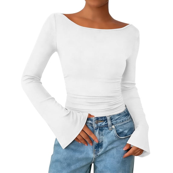 Shirts for Women Long Sleeve Shirts 2026 Spring Crop Going Out Tops Casual Boat Neck Bell Sleeve Ribbed Ruched Clothes