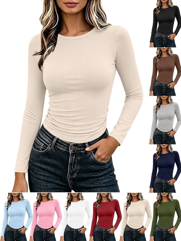 Shirts for Women Long Sleeve Solid Color Crew Neck Casual Slim Fit Classic Stretchy Lightweight Basic Workout Base Layer Tshirts