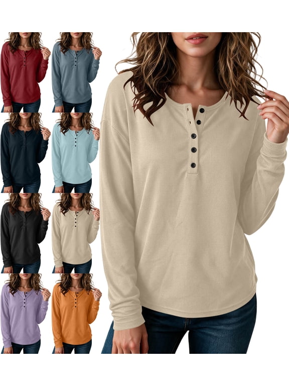 Shirts for Women Long Sleeve Waffle Knit Henley Shirts, Casual Button Down Crew Neck Loose Fit Tops