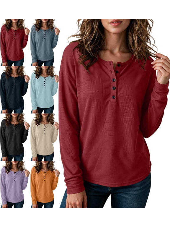 Shirts for Women Long Sleeve Waffle Knit Henley Shirts, Casual Button Down Crew Neck Loose Fit Tops