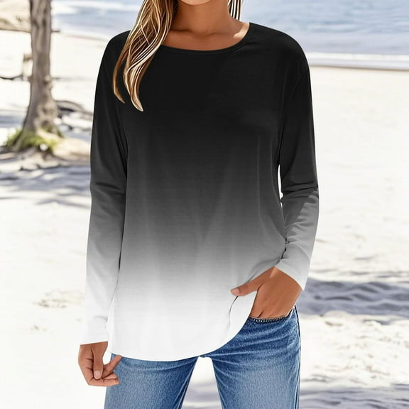 Shirts for Women Long Sleeves Gradient Printing Round Neck T-Shirt Black,Womens Tops