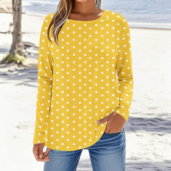 Shirts for Women Long Sleeves Polka Dot Round Neck T-Shirt Yellow,Womens Tops
