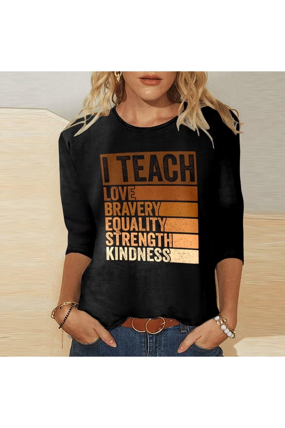 Shirts for Women Memorial Print 3/4 Sleeve Crewneck Heritage Top Women Blouse Black L