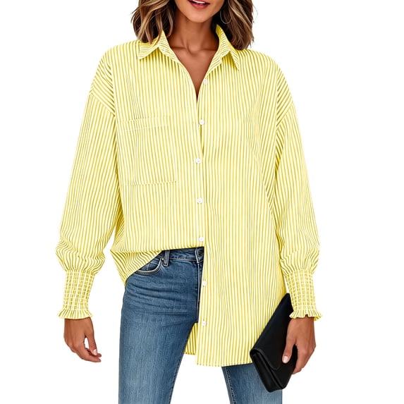 Dqueduo Striped Button Down Shirts for Women Smocked Cuffed Trendy Blouse Causal Long Sleeve Tops with Pocket