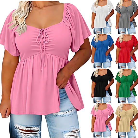 Shirts for Women Ndbuld Women's Spring And Summer Solid Color Plus Size Fashion Elastic Petal Sleeve T-Shirt With Round Neck Pink XXXXL