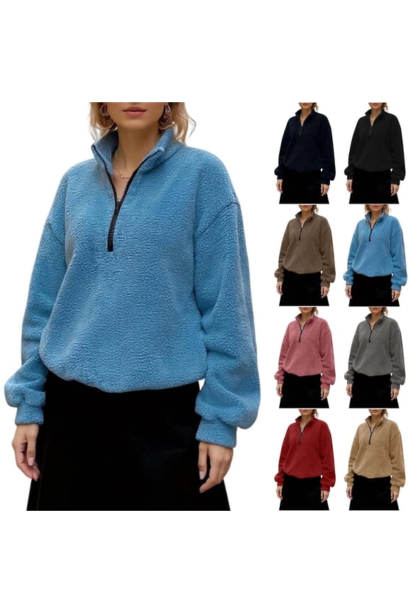 Shirts for Women Oversized Sweatshirts Lamb Wool High Neck Lapel Without Hat Half Zipper Fall Sweaters Pullover Long Sleeve Shirts Top Clothes