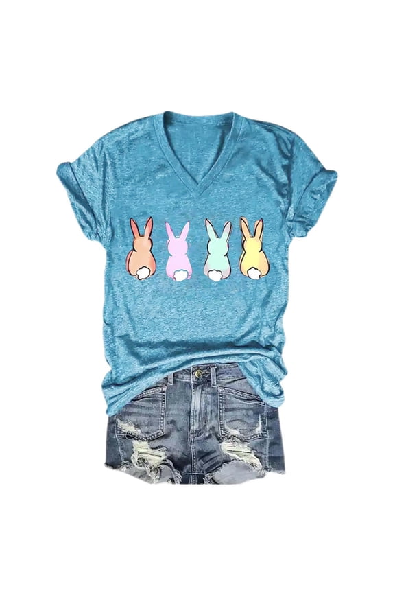 Shirts for Women Pastel Bunnies Print V Neck T Shirt Soft Stretch Polyester Spandex Casual Short Sleeve Easter Top Xl Size Spring Summer Womens Tops