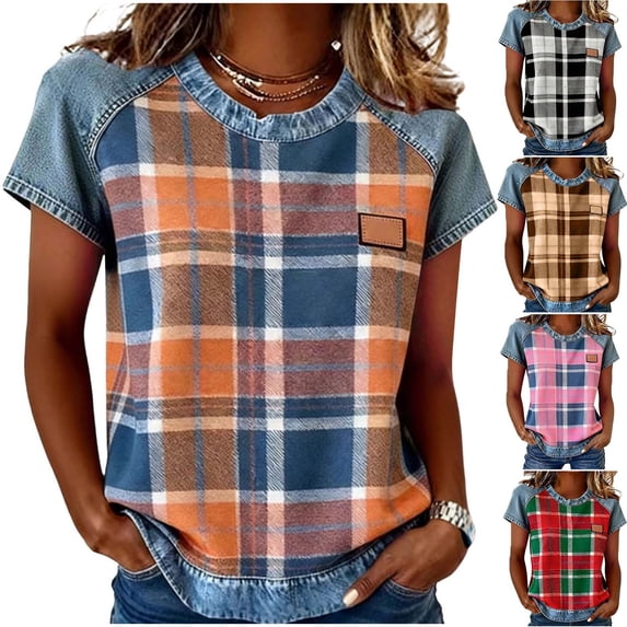 Shirts for Women Plaid Printed Dressy Casual Blouses Summer Loose Fit Crew Neck Short Sleeve Tops