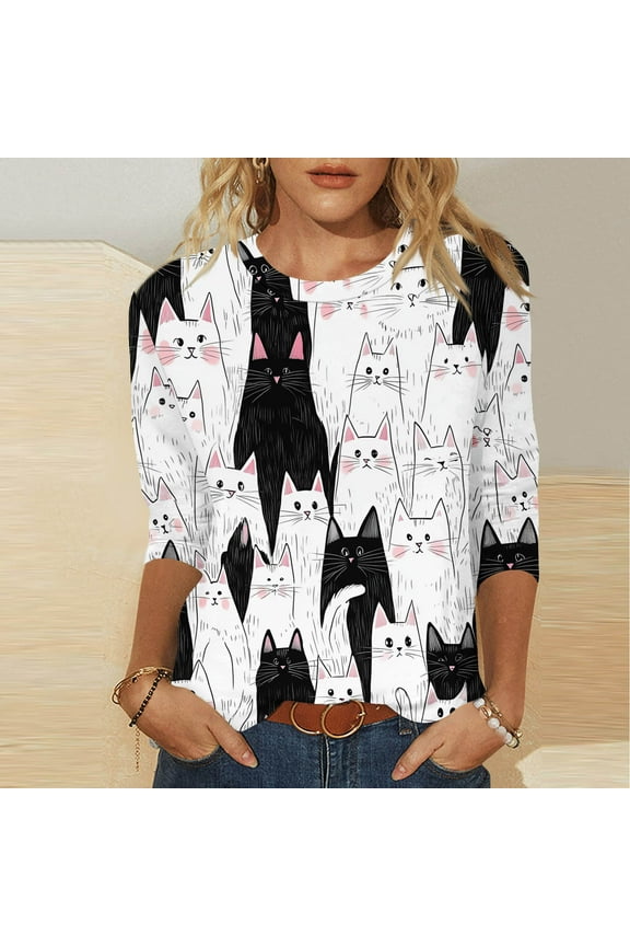 Shirts for Women Plus Size 3/4 Sleeve Kitty-cat Print Round Neck Blouse White M