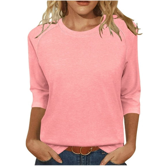 Shirts for Women Plus Size 3/4 Sleeve Round Neck Solid Color Casual T-shirt Pink M