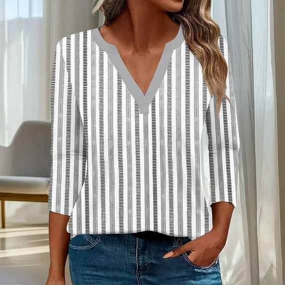 Shirts for Women Plus Size 3/4 Sleeves Floral Printed T-shirt Blouse V-Neck Casual Tops,Tops for Women Gray XL