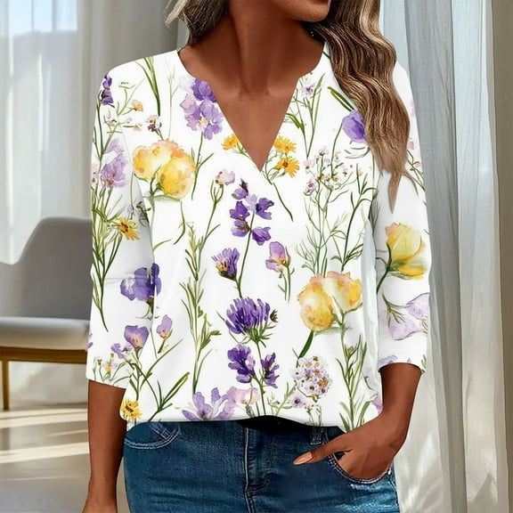 Shirts for Women Plus Size 3/4 Sleeves Floral Printed T-shirt Blouse V-Neck Casual Tops,Tops for Women Yellow XL