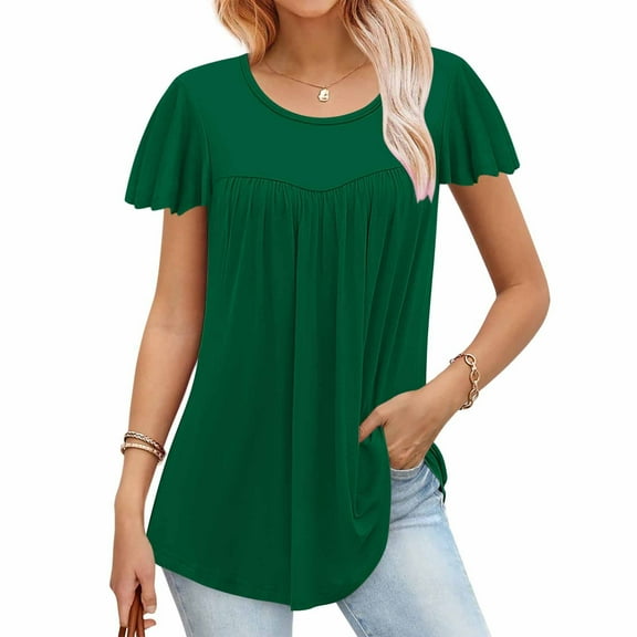 Shirts for Women Plus Size 3/4 Sleeves Round Neck Casual Printed T Shirts Green XXXXL