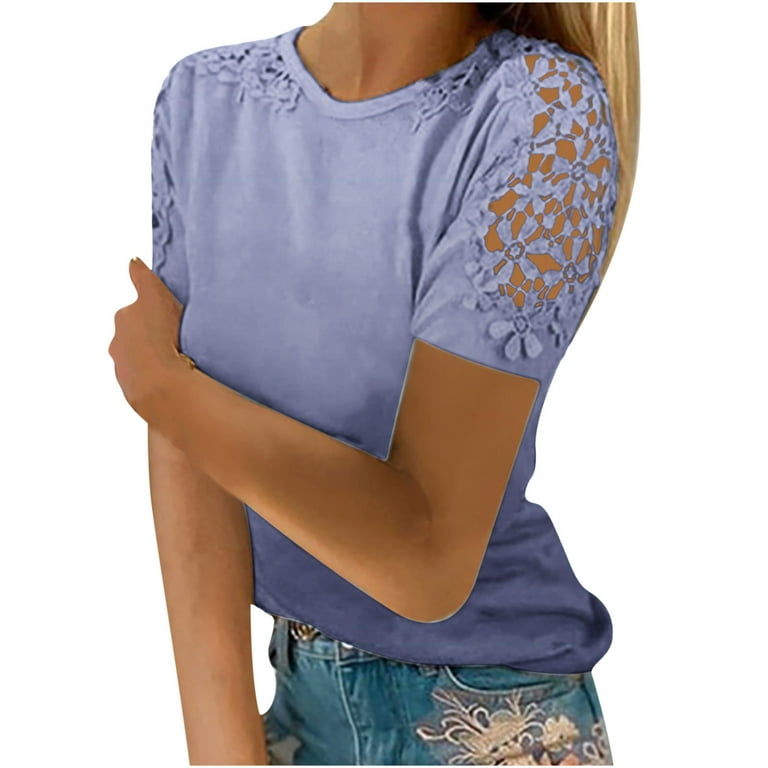 Shirts for Women Plus Size Casual Print Round-Neck Tshirts Lace