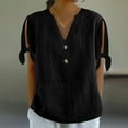 thumbnail image 1 of Shirts for Women Plus Size Cotton Linen Solid Color V-Neck Button-Front T-Shirt Black XXL, 1 of 6