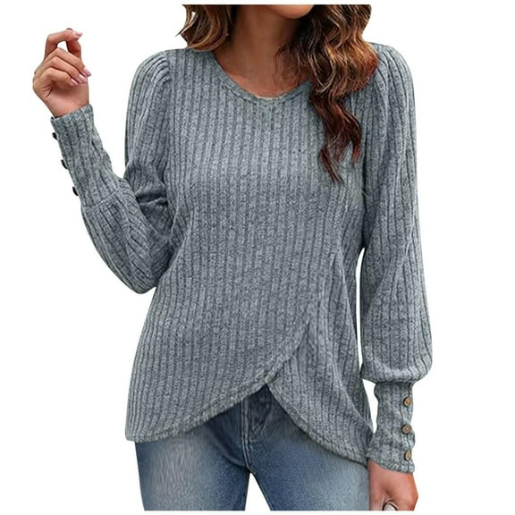 Shirts for Women Plus Size Fall/Winter Long Sleeved Round-neck Solid Color Loose Blouses Shirts,Tops for Women Blue XL