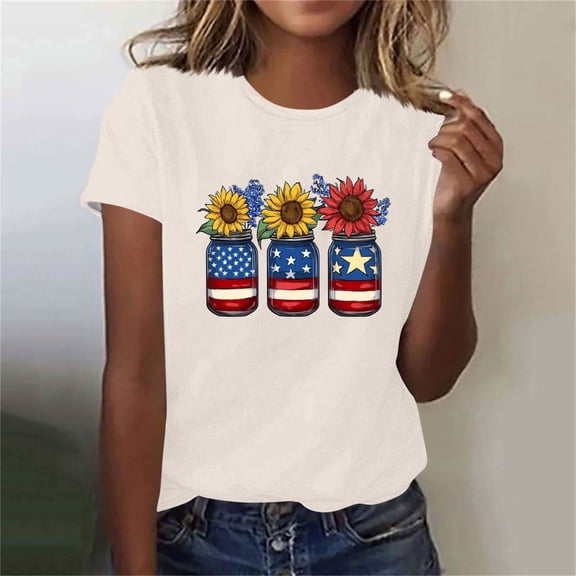 Shirts for Women Plus Size Independence Day Printed Short Sleeved Round Neck Casual T-shirt Beige XXL