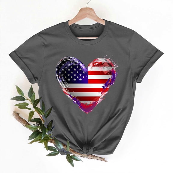Shirts for Women Plus Size Independence Day Short Sleeve Round Neck Summer Tunic Solid Color Loose Tees Shirts Gray XXL