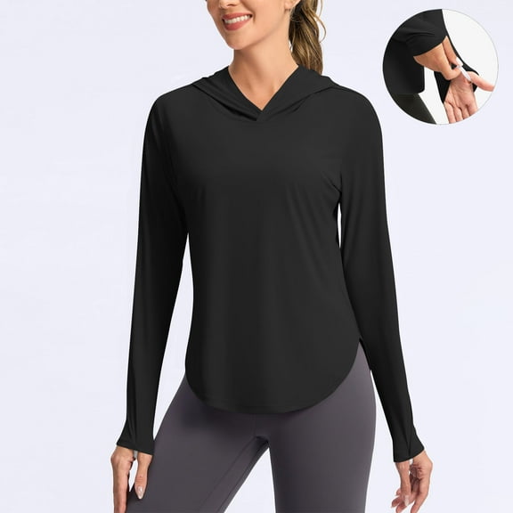 Shirts for Women Plus Size Long Sleeved Round Neck Hooded Sun Protection Solid Color Casual Thumb Cover Jacket Black L