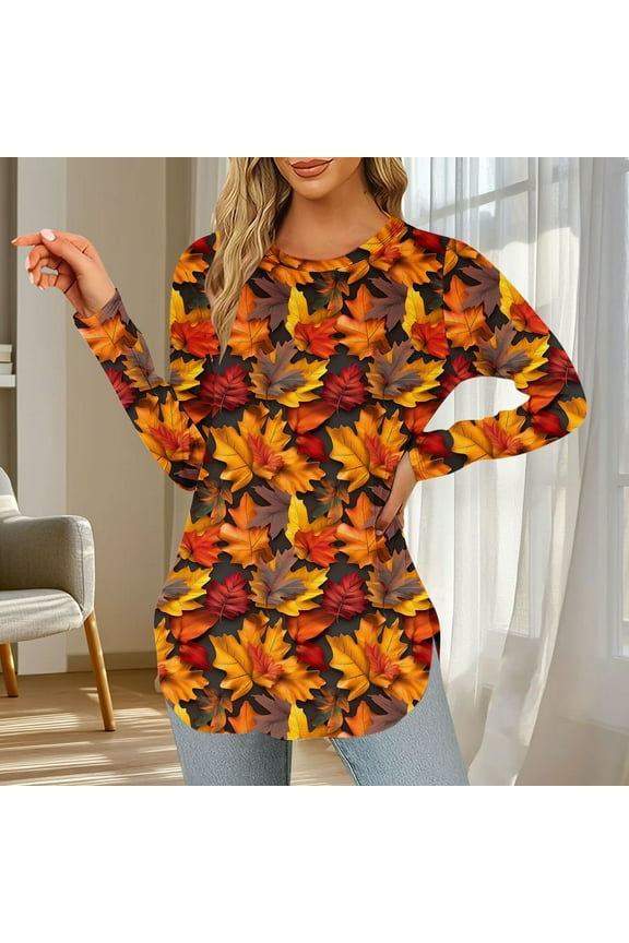 Tops for Women Plus Size Long Sleeve Maple Leaves Printed Round-Neck Sweatshirts Yellow XL