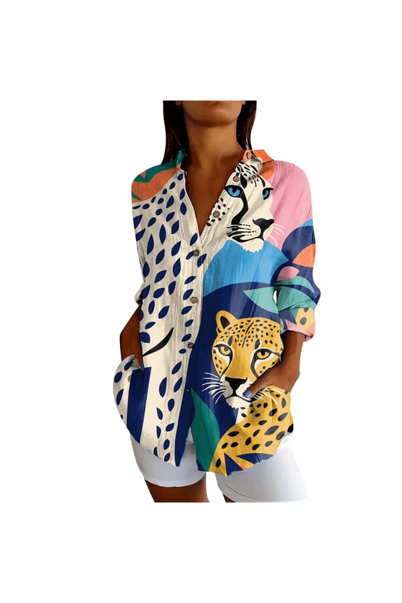 Shirts for Women Plus Size Pattern Printed Casual Loose Fit Long Sleeve Lapel Collar Button down Blouses Lightweight Comfy Fall Outfits