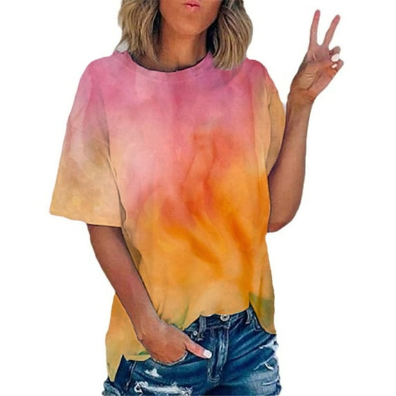 Shirts for Women Plus Size Printed Short Sleeves Round Neck Casual T Shirts Yellow XXXXL