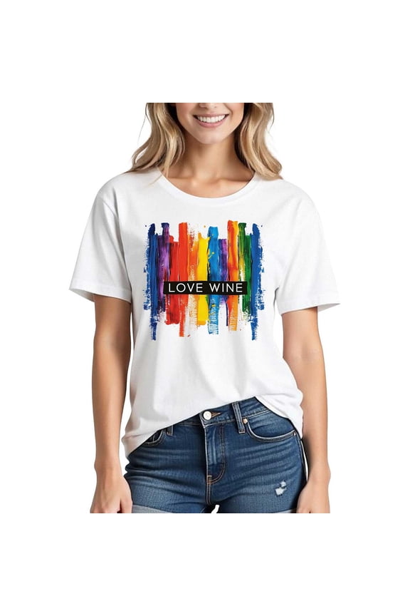 Shirts for Women Plus Size Rainbow Love Printed Short Sleeved Round Neck T-shirt White XXL