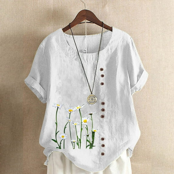 Shirts for Women Plus Size Round Neck Short Sleeve Flower Printing Loose Summer Casual Shirt White XXXXL