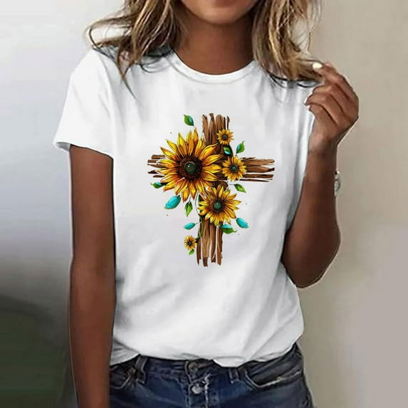 Shirts for Women Plus Size Short Sleeve Round Neck Floral Print T-shirt Multicolor L