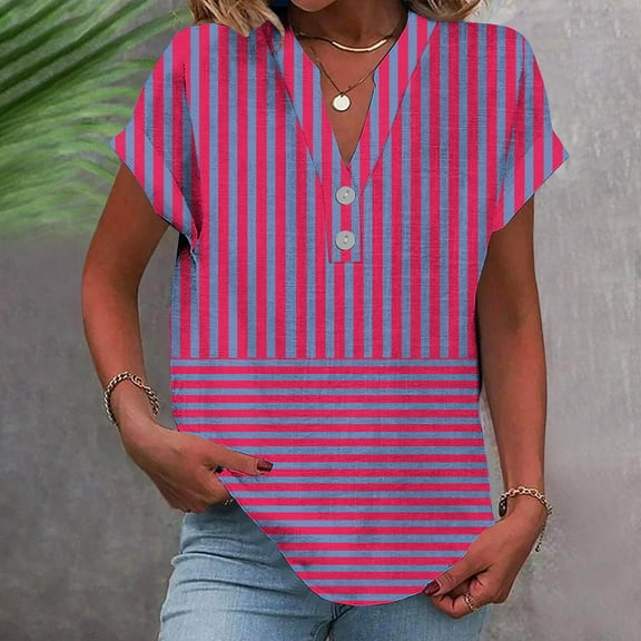 Shirts for Women Plus Size Short Sleeve V-Neck Stripe Button Casual Printed Home T-shirt Blouses Hot Pink XXXXL
