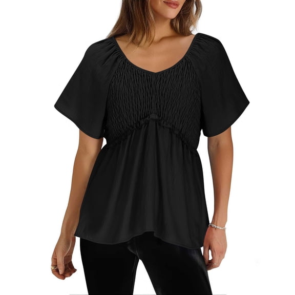 Shirts for Women Plus Size Short Sleeve V-Neck Summer Casual Hide Belly Tunic Blouses Black L