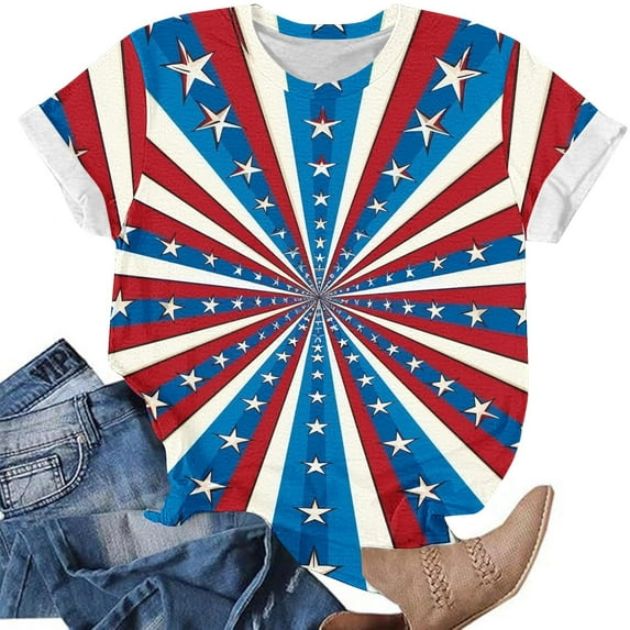 Shirts for Women Plus Size Short Sleeved Round Neck Independence Day Printed Casual Pullover Top Multicolor L