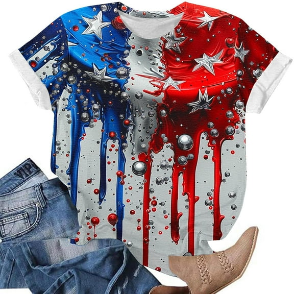 Shirts for Women Plus Size Short Sleeved Round Neck Independence Day Printed Casual Pullover Top Multicolor L