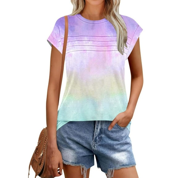 Shirts for Women Plus Size Short Sleeved Round Neck Pleated Casual T-shirt Multicolor L
