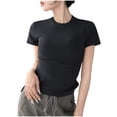 thumbnail image 1 of Shirts for Women Plus Size Short Sleeved Round Neck Solid Color Shoulder T-shirt Black L, 1 of 6