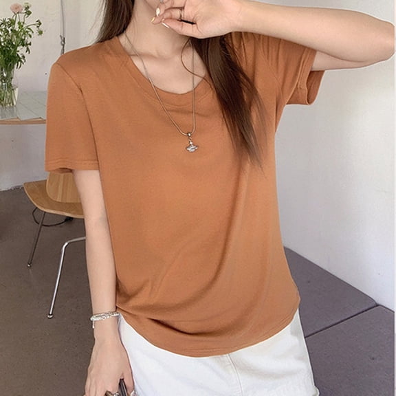 Shirts for Women Plus Size Short Sleeved Round Neck Summer Base T-shirt Yellow L