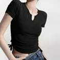 thumbnail image 1 of Shirts for Women Plus Size Short-sleeved Pleated V-neck Solid-color Casual T-shirt Black L, 1 of 5
