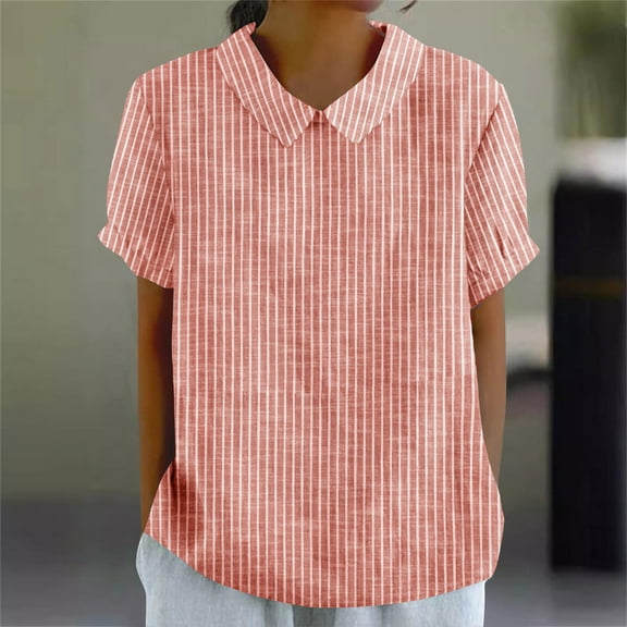 Shirts for Women Plus Size Short-sleeved Turdown Collar Stripe Summer Solid T-shirt Orange L
