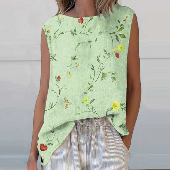 Shirts for Women Plus Size Sleeveless Round Neck Floral Printed Casual Tank Top Green L