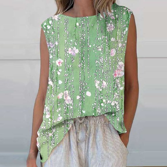 Shirts for Women Plus Size Sleeveless Round Neck Floral Printed Casual Tank Top Green L